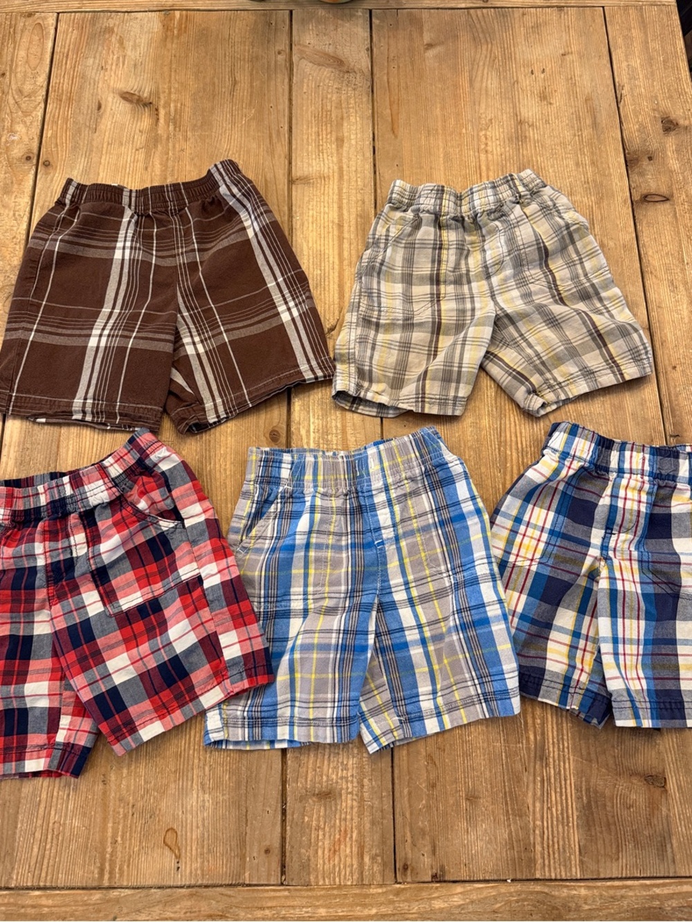 Lot of 5 Kids Plaid Pull-On Shorts Size 4T- Brown, Beige, Red, Blue Options